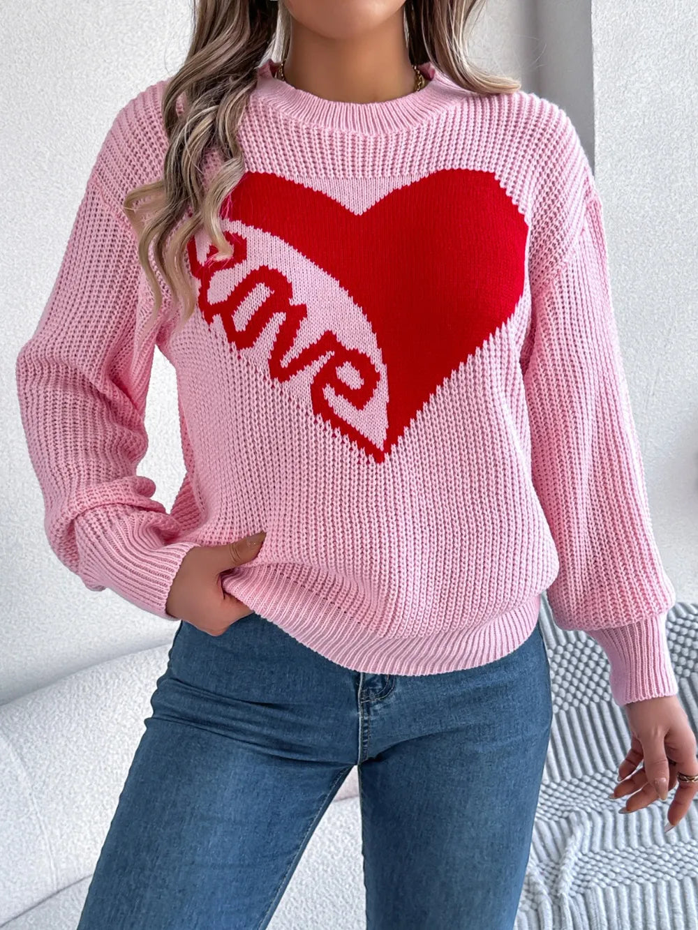 Love Heart Round Neck Dropped Shoulder Sweater