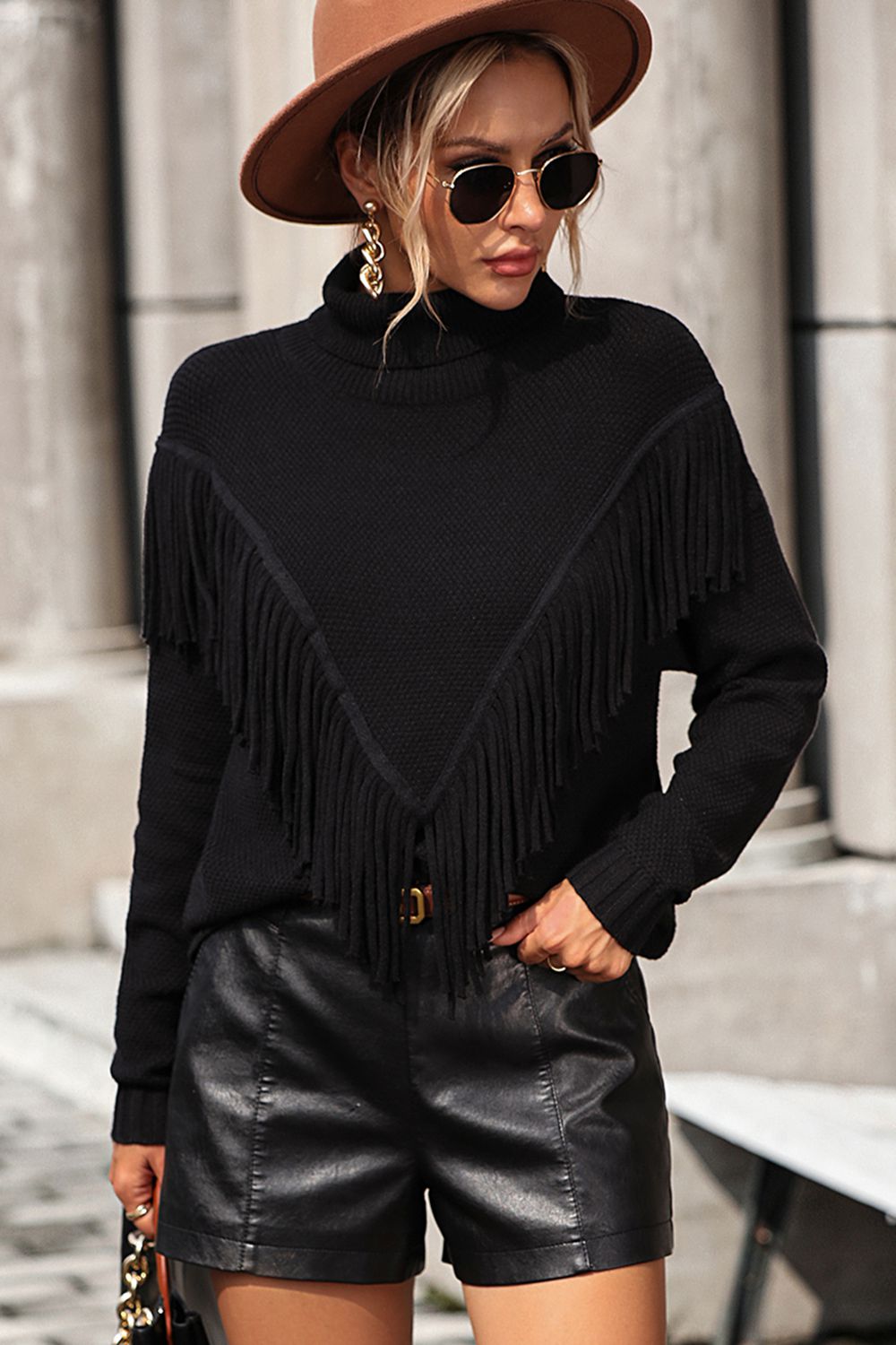 Turtle Neck Tassel Front Long Sleeve Pullover Sweater (6)