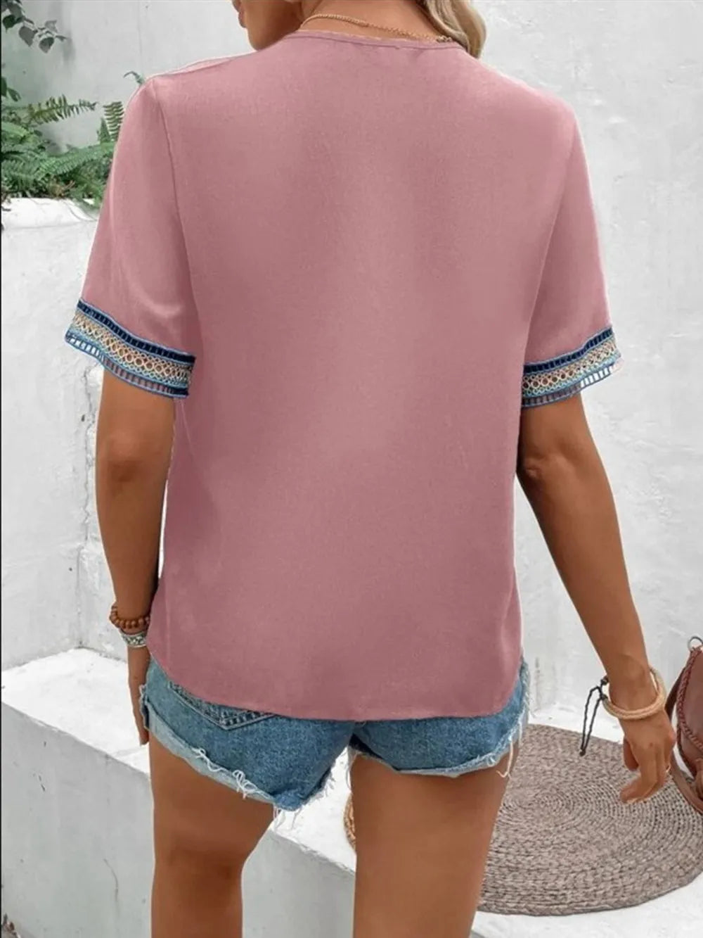 Full Size V-neck Short Sleeve Blouse (10)