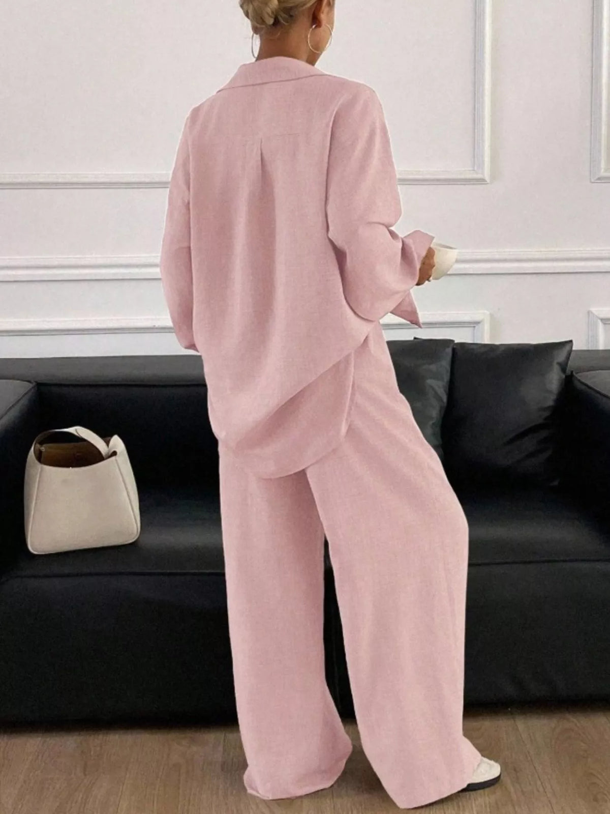 Button Up Long Sleeve Shirt Wide Leg Pants Set (31)