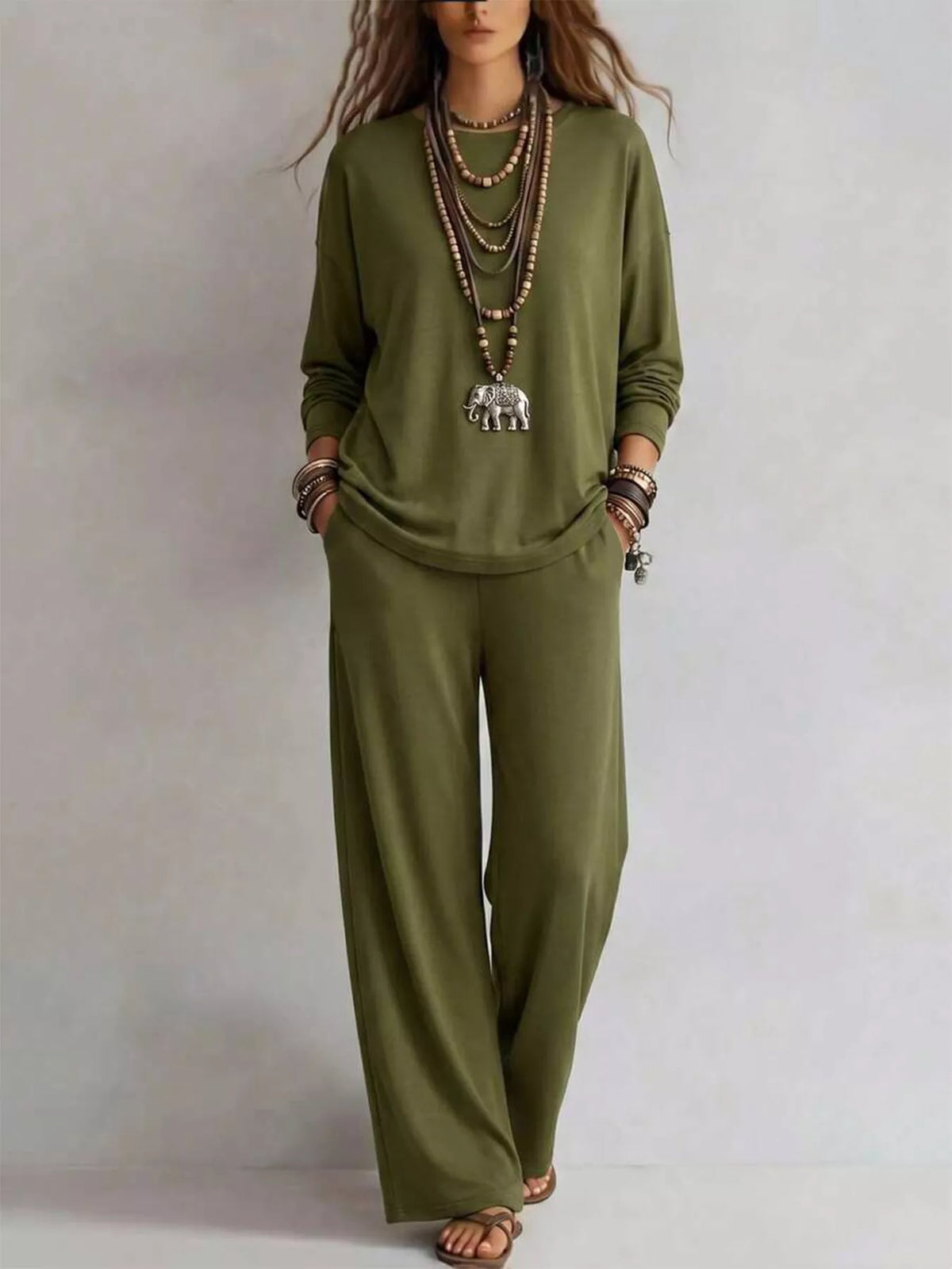 Round Neck T-shirt Wide-leg Pants Set