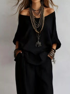 Off-shoulder Loose Fit Top Pants Two-piece Set (11)