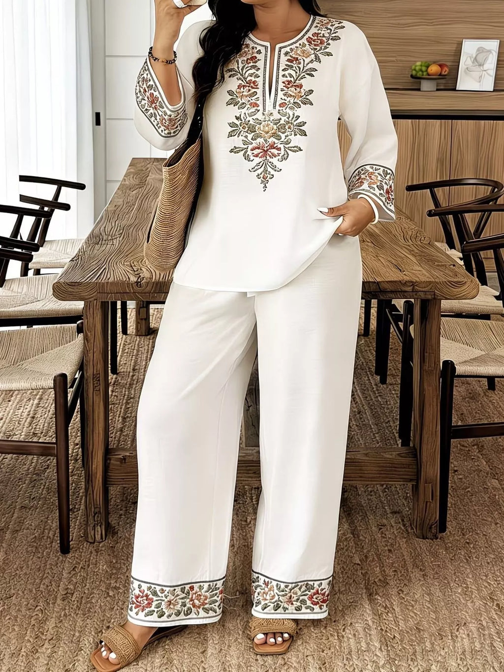 Full Size Embroidered Long Sleeve Top Pants Set Plus