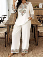 Full Size Embroidered Long Sleeve Top Pants Set Plus
