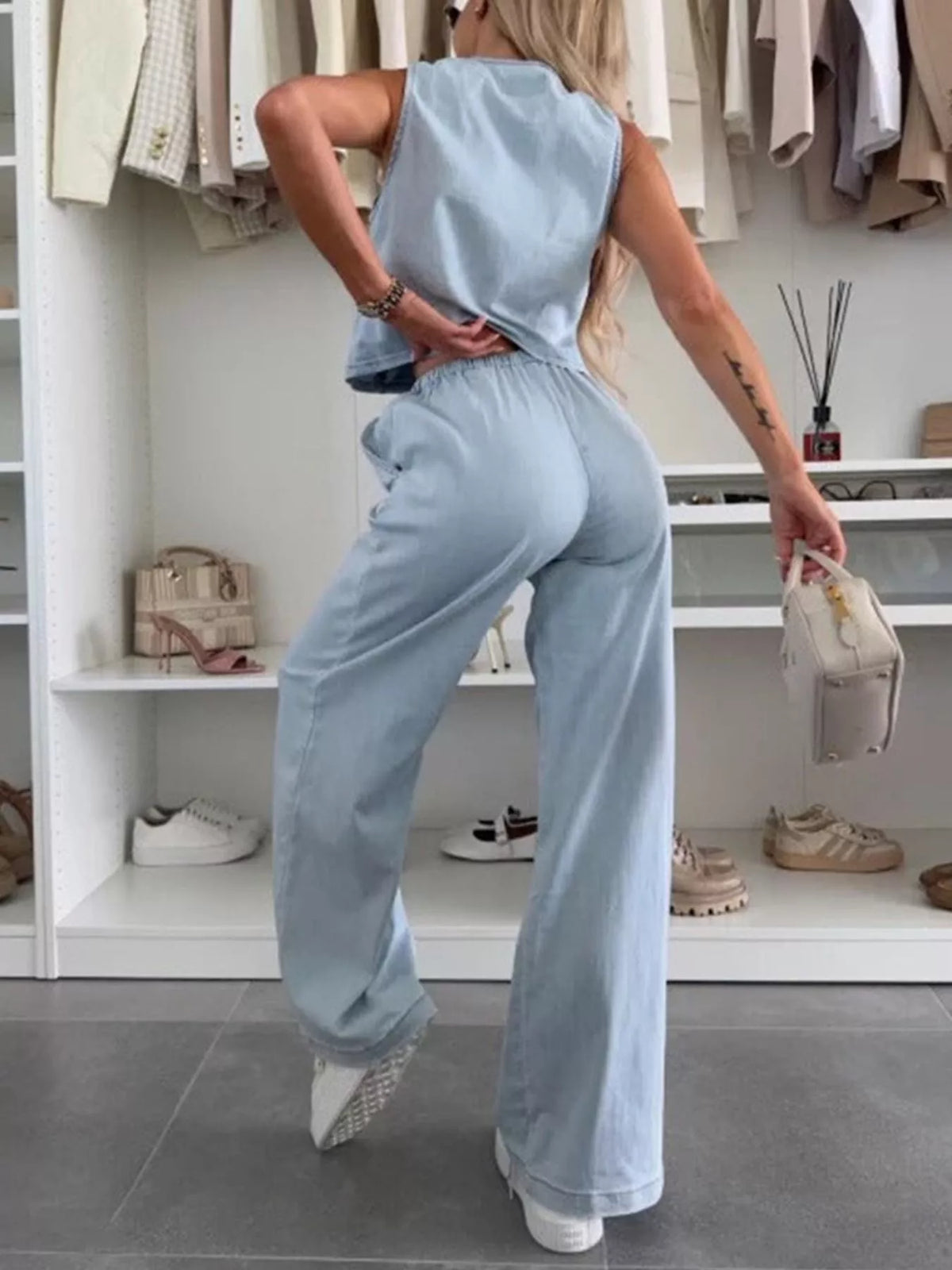 Tie Front Vest Jeans Denim Set (4)