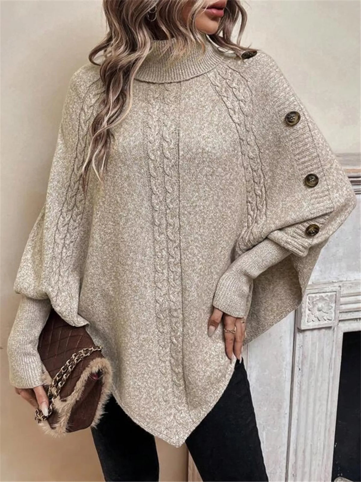 Cable Knit Turtleneck Cape Sweater (6)