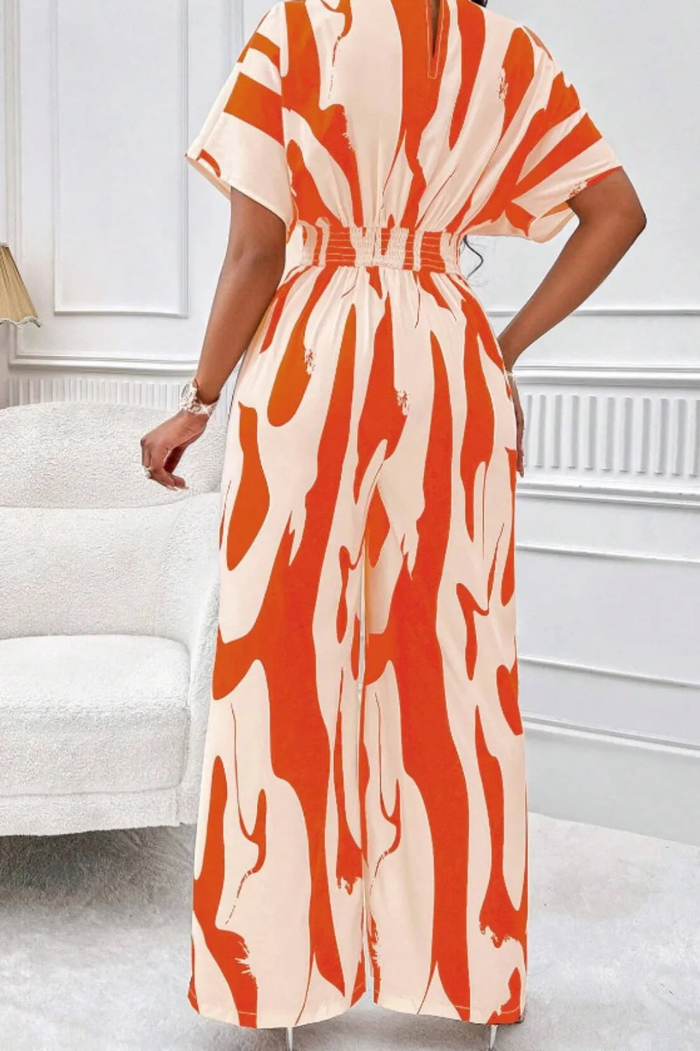 Printed V-neck Short Sleeve Wide Leg Jumpsuit (8)