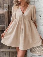 V-neck Tie-front Mini Dress Puff Sleeves (6)