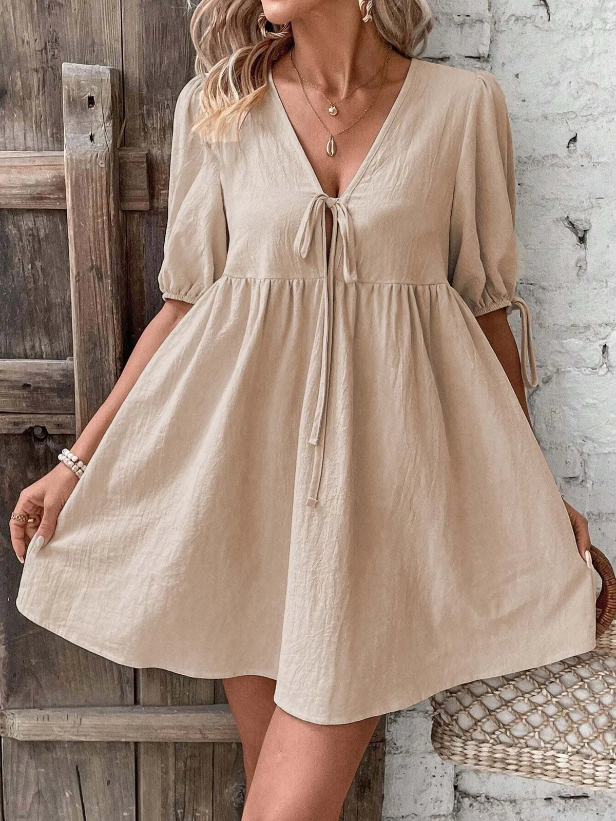 V-neck Tie-front Mini Dress Puff Sleeves (6)