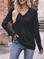 V-neck Ribbed Knit Long Sleeve T-shirt (14)