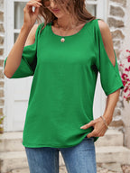 Textured Round Neck Split Sleeve Top (9)