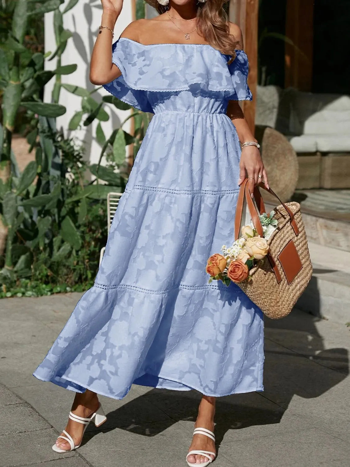 Ruched Off Shoulder Short Sleeve Midi Dress (9)