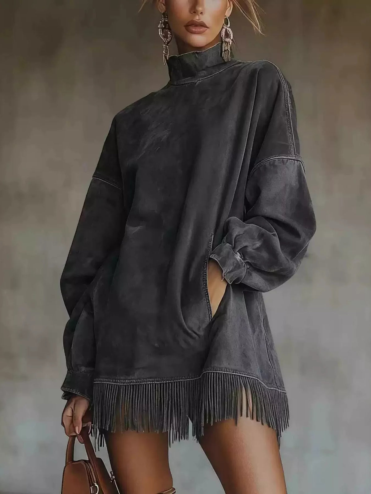 Full Size Mock Neck Fringed Hem Long Sleeve Mini Dress Plus (5)