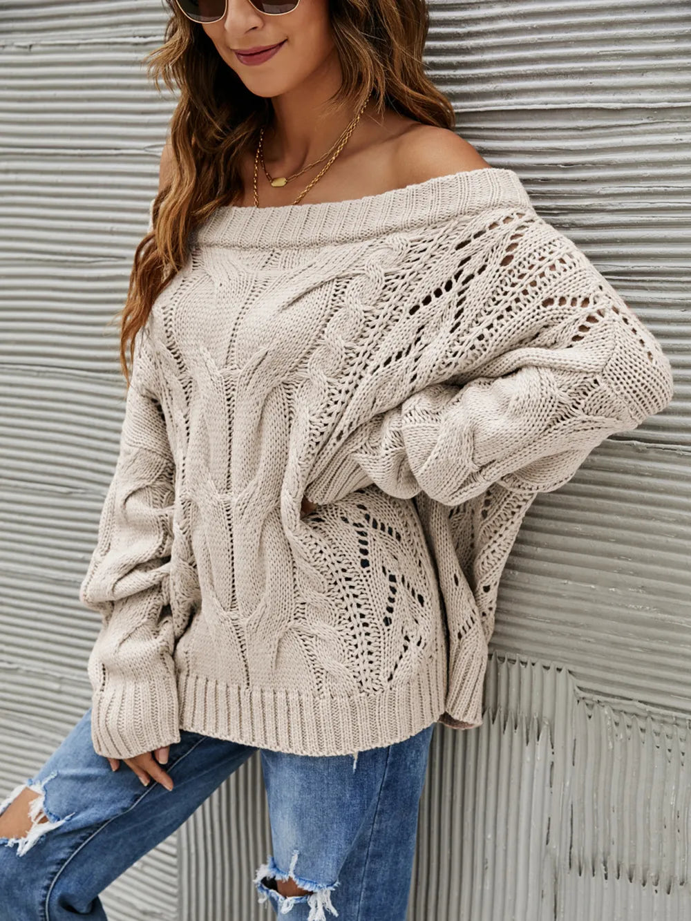 Cable Knit Openwork Off-shoulder Sweater (3)