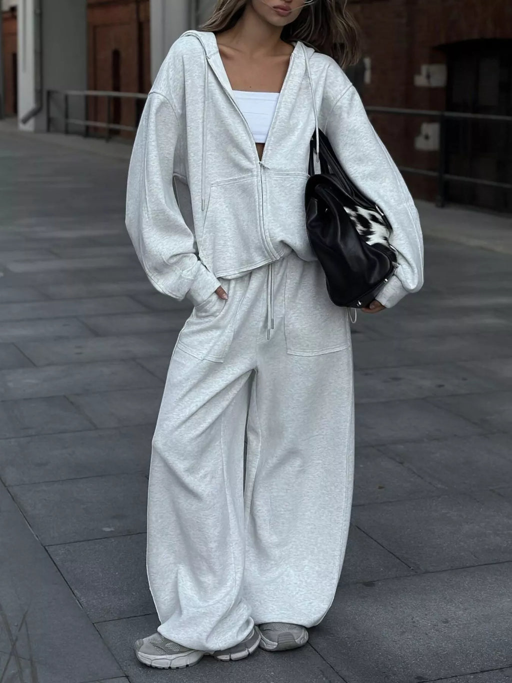 Oversized Zip-up Hoodie Wide-leg Pants Set