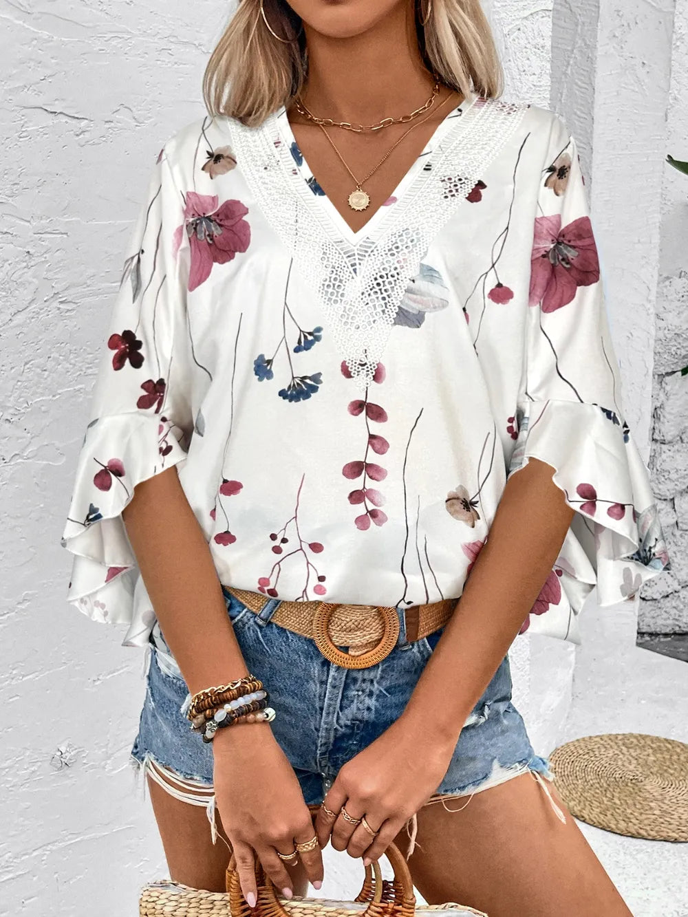 Ruffled Printed V-neck Half Sleeve Blouse (9)