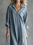 Fringe Hem Zip-up Shirt Dress (6)