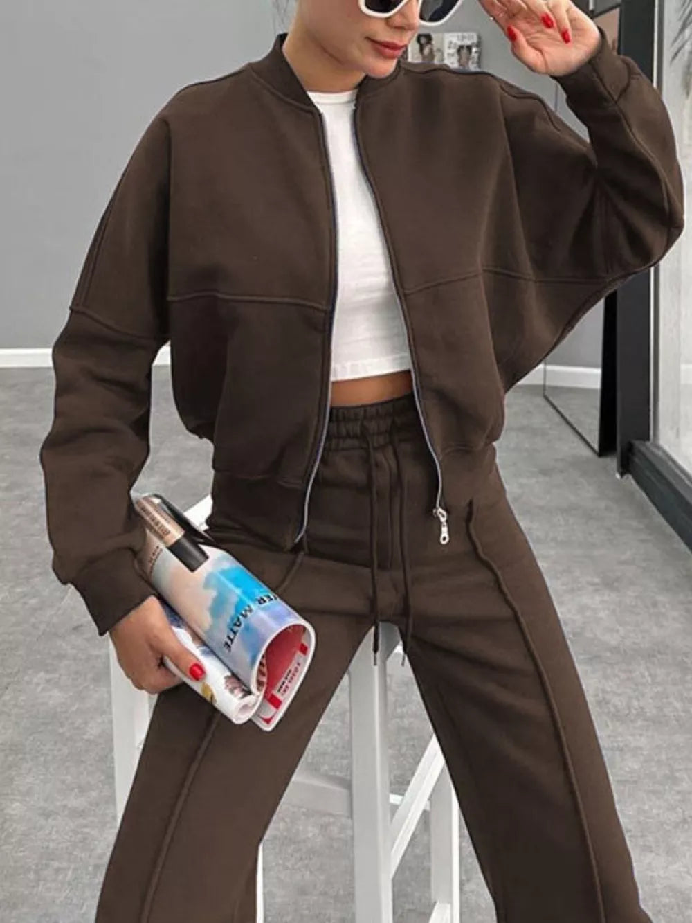 Baseball Collar Zip Up Outerwear Drawstring Pants Set (9)