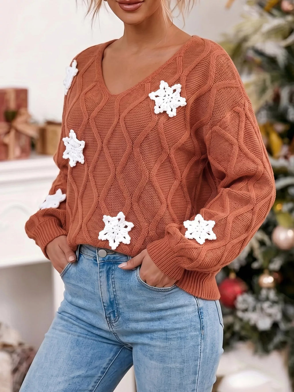 Snowflake Textured V-neck Sweater (2)