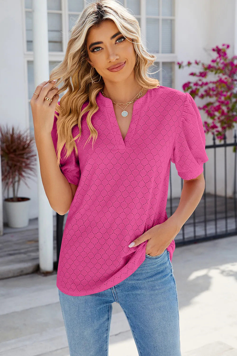 Eyelet Notched Puff Sleeve T-shirt (6)