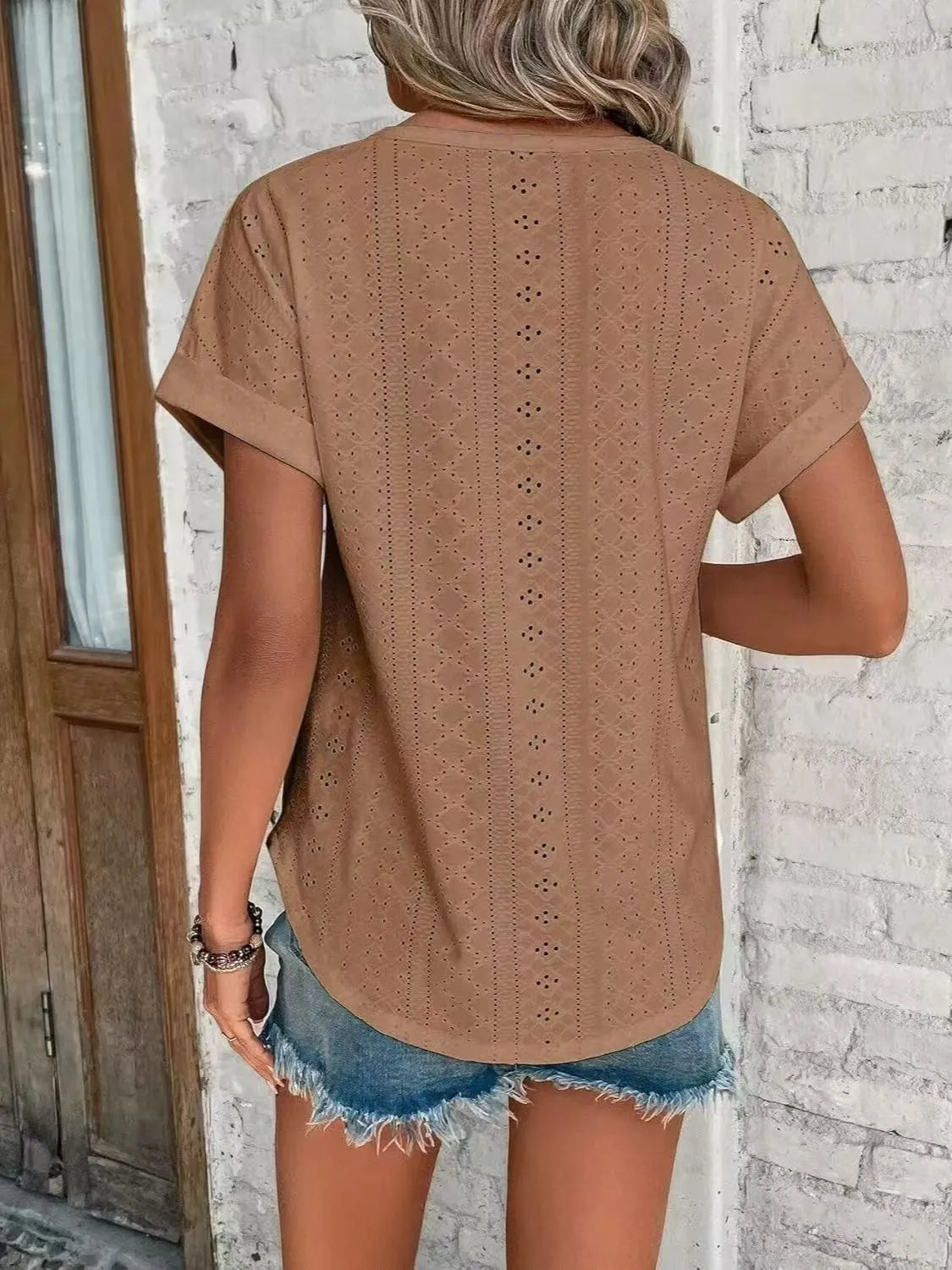 Eyelet Round Neck Short Sleeve Top (8)
