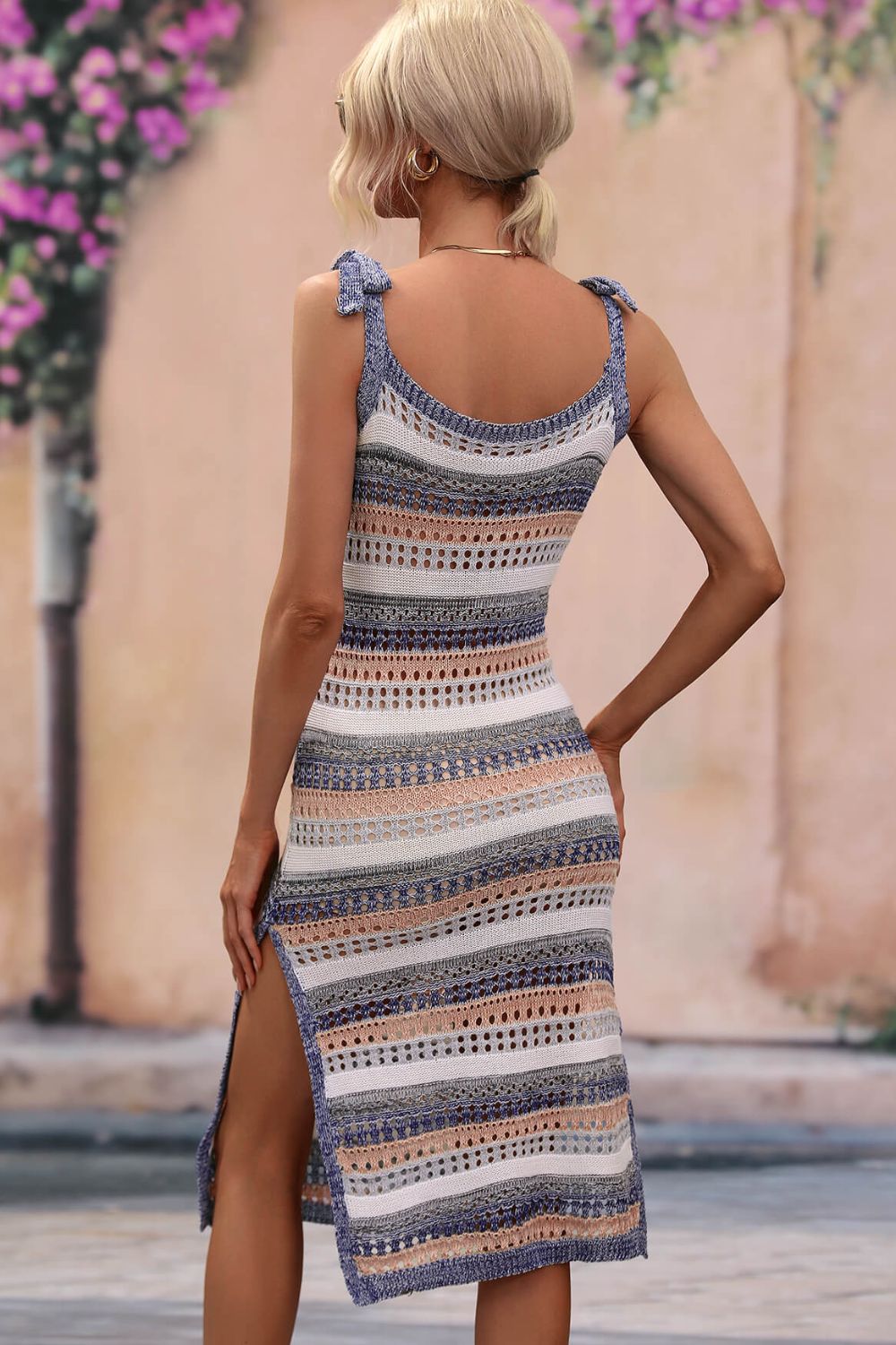 Striped Tie Shoulder Split Cover Up Dress (2)