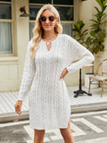 Notched Neck Cable-knit Slit Sweater Dress