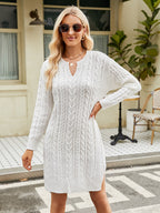 Notched Neck Cable-knit Slit Sweater Dress