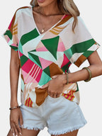 Printed V-neck Short Sleeve Blouse (19)