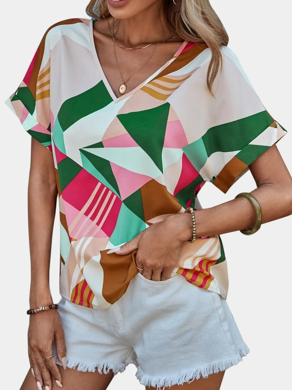 Printed V-neck Short Sleeve Blouse (19)