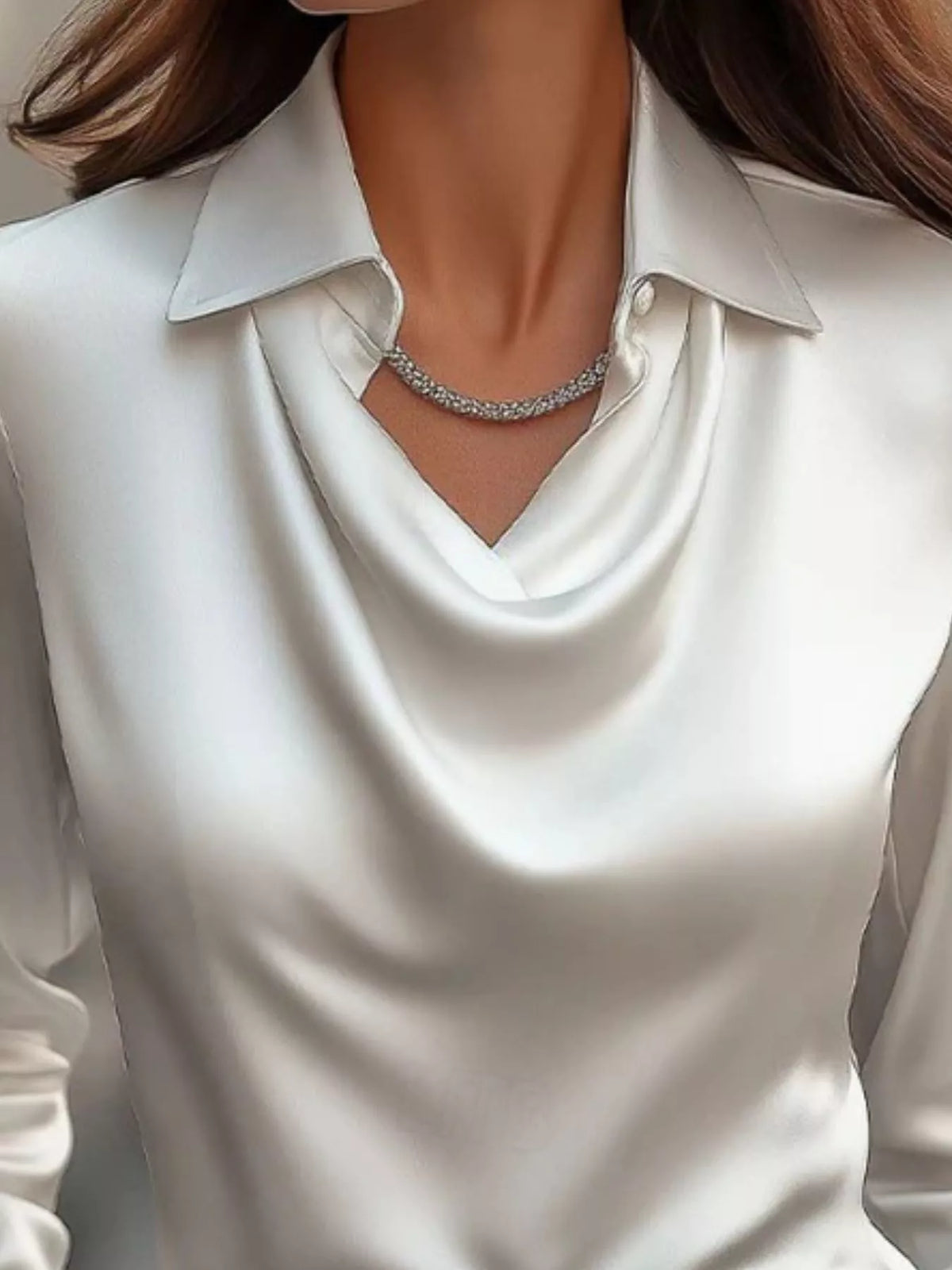 Ruched Long Sleeve Drape Collar Blouse (20)