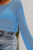 Openwork Round Neck Dropped Shoulder Knit Top (15)