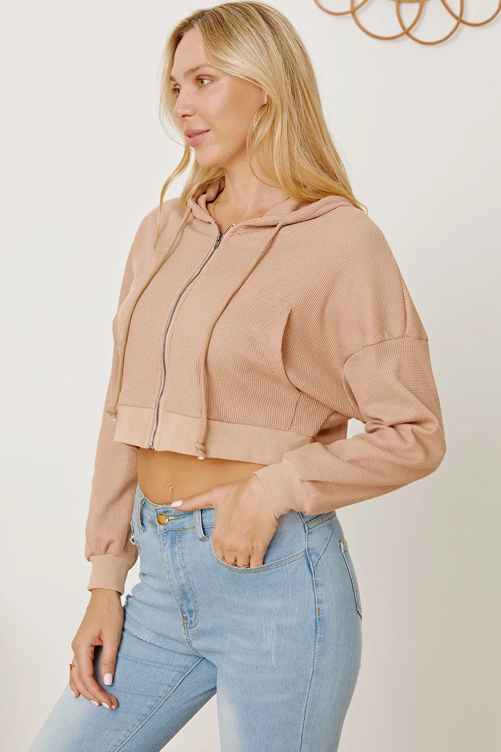 Waffle-knit Drawstring Zip Up Hoodie (4)