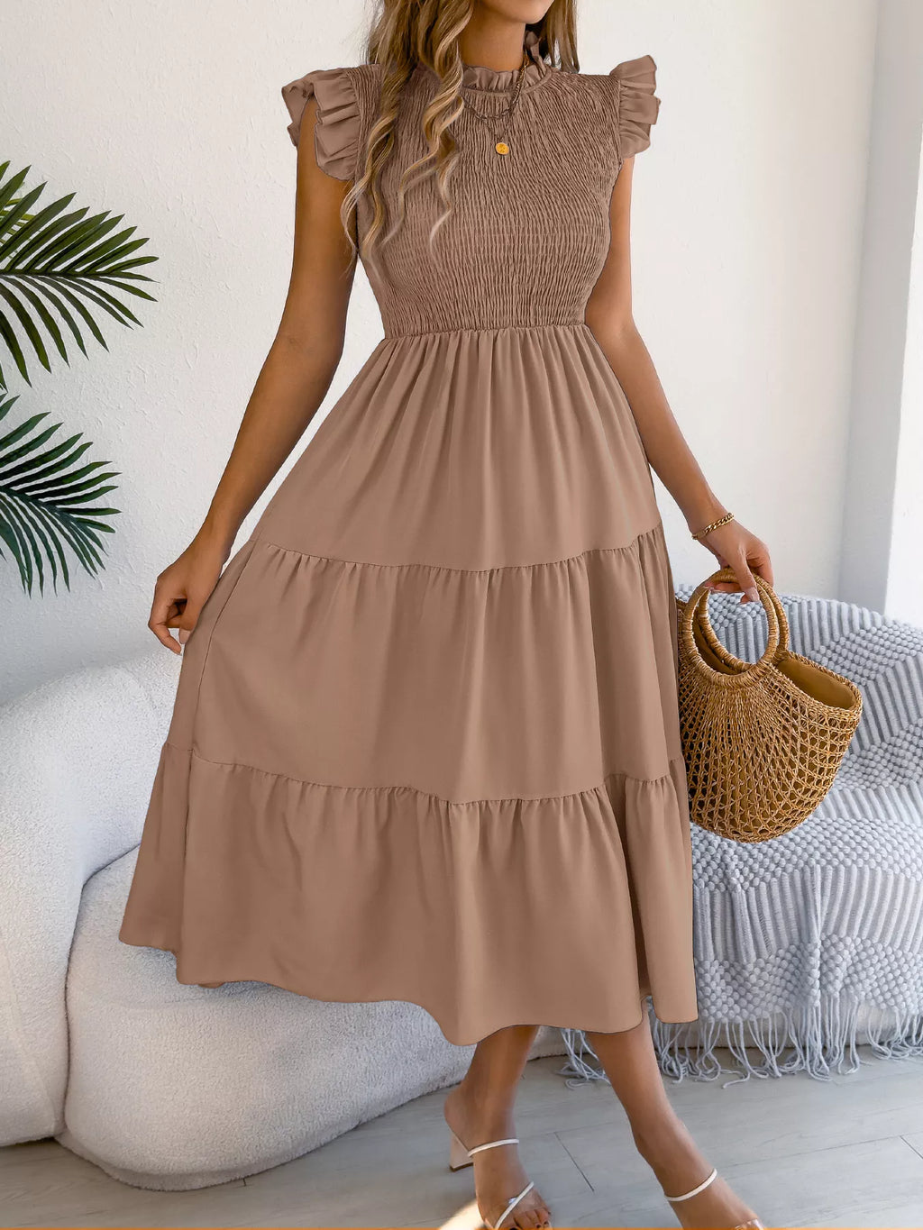 Smocked Ruffled Cap Sleeve Dress (8)