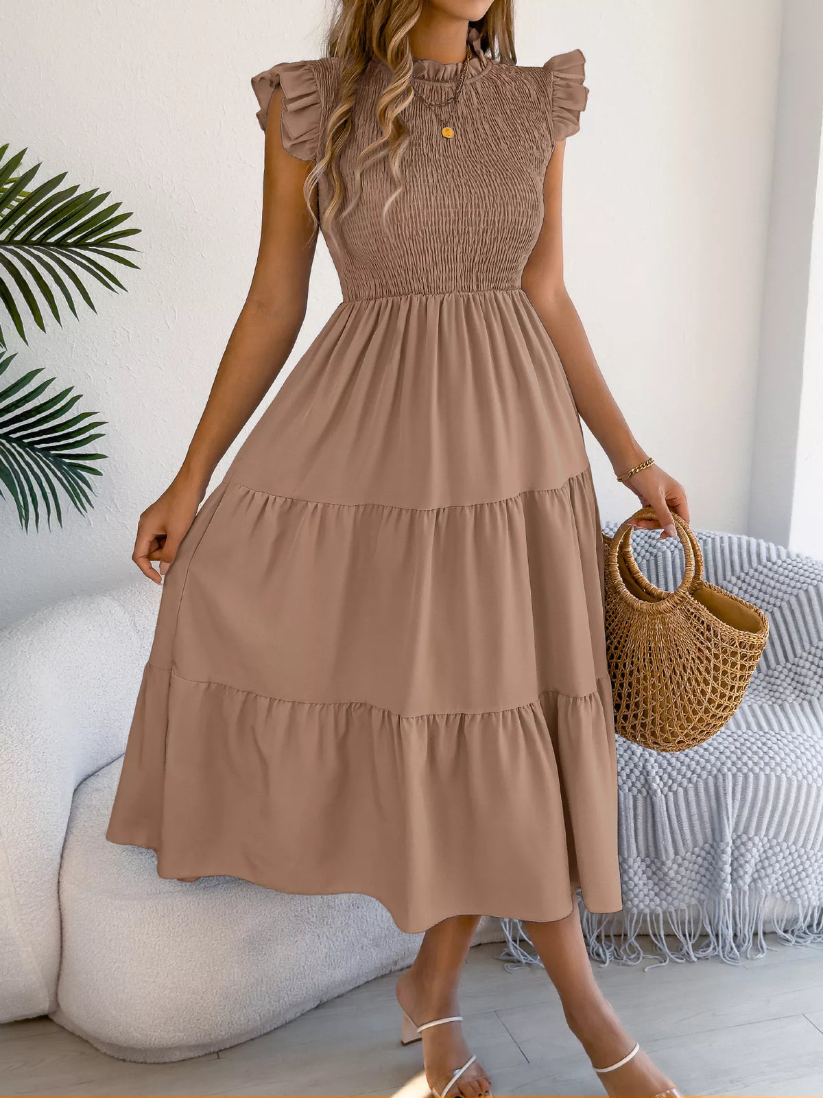 Smocked Ruffled Cap Sleeve Dress (8)
