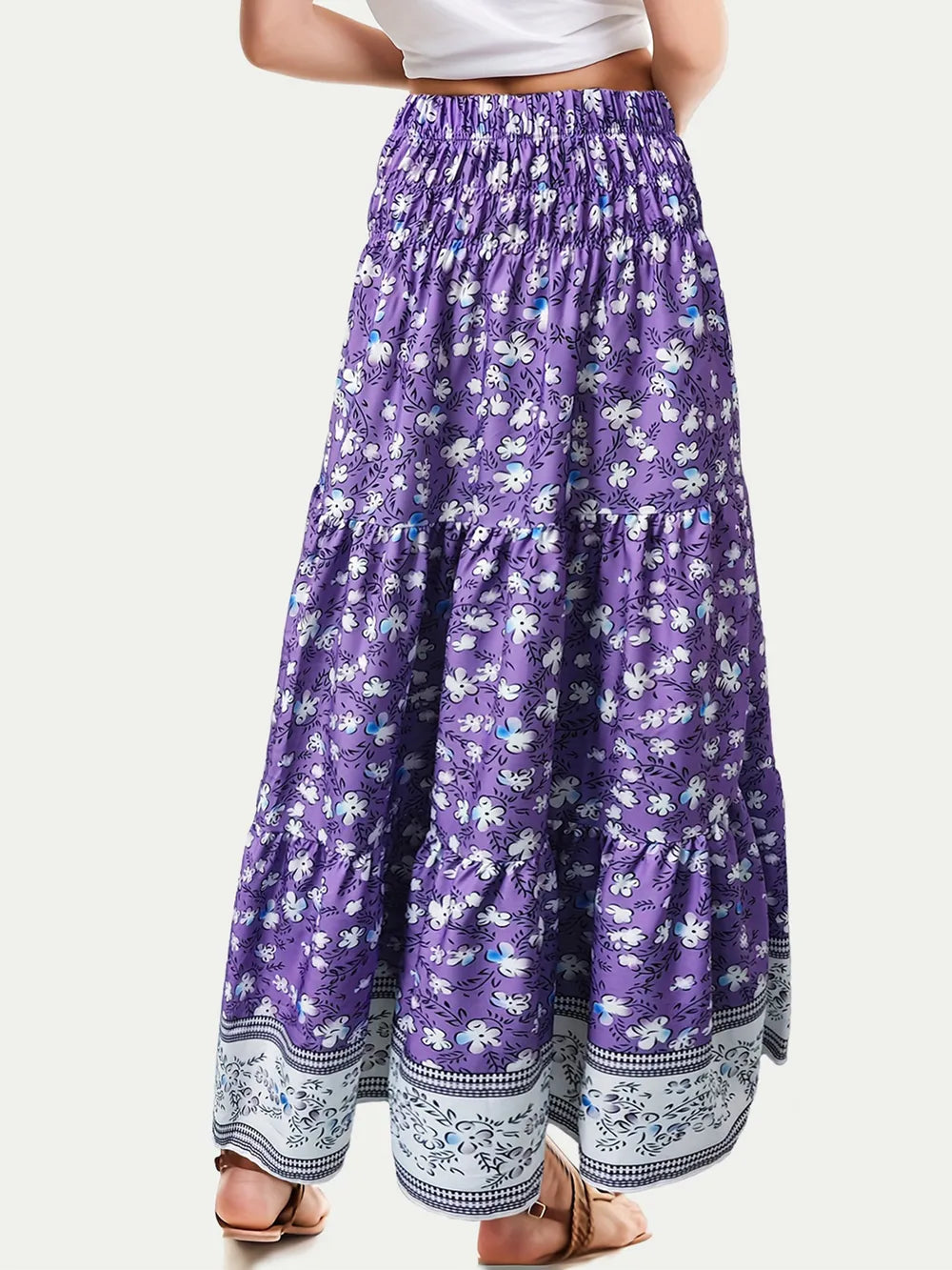 Full Size Tiered Printed Elastic Waist Skirt (9)