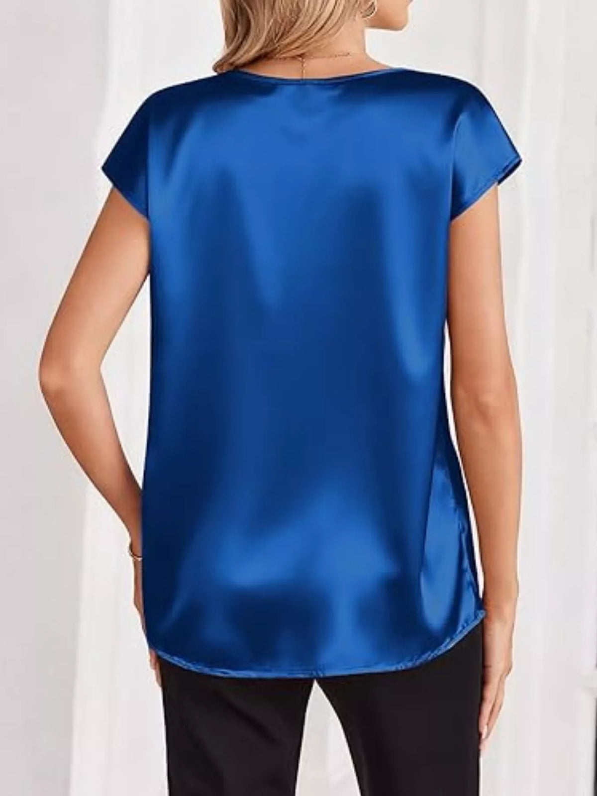 Satin V-neck Short Sleeve Blouse (31)