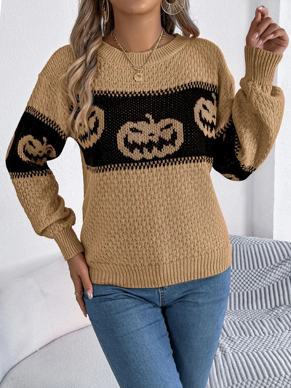 Pumpkin Round Neck Long Sleeve Sweater (9)
