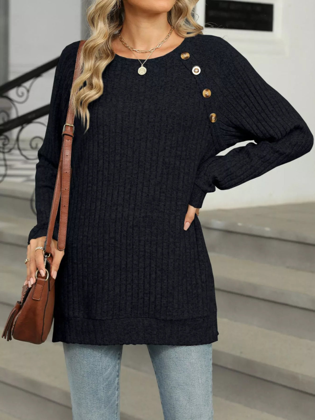 Round Neck Knit Button Top (18)