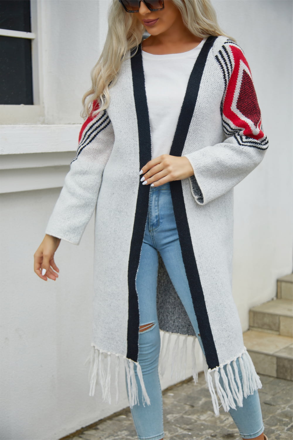 Geometric Fringe Hem Open Front Duster Cardigan (12)