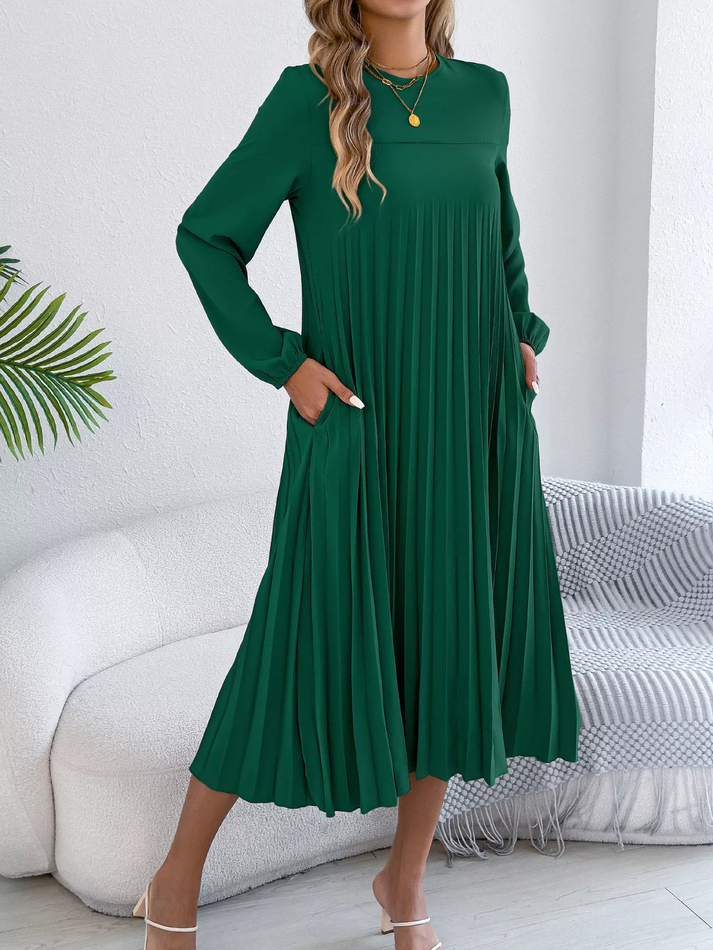 Pleated A-line Midi Dress (7)