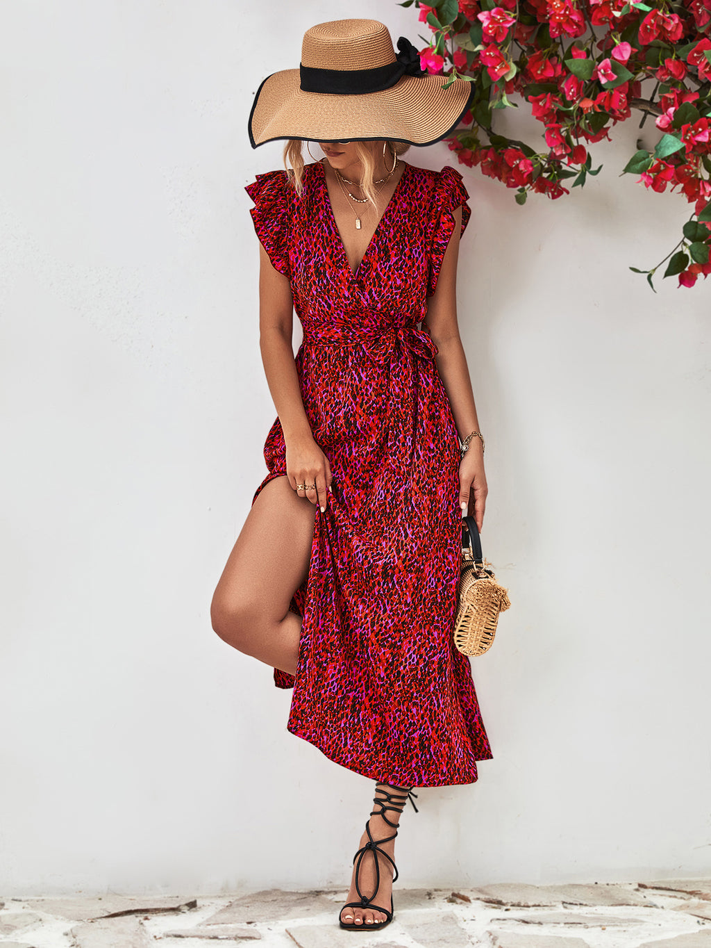 Printed Surplice Neck Flutter Sleeve Slit Dress (12)