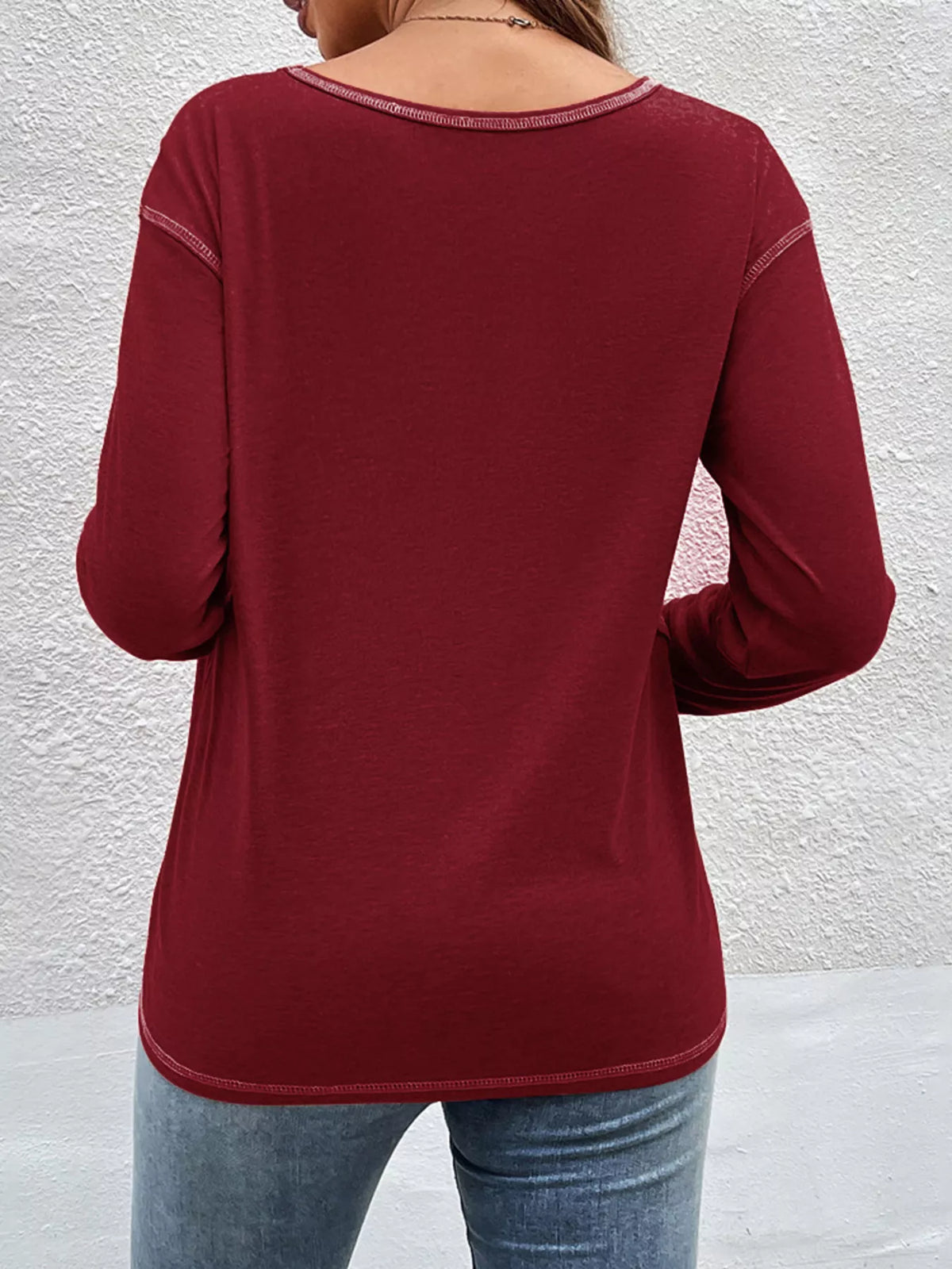 Casual Long Sleeve Exposed Seam T-shirt Decor Button (20)