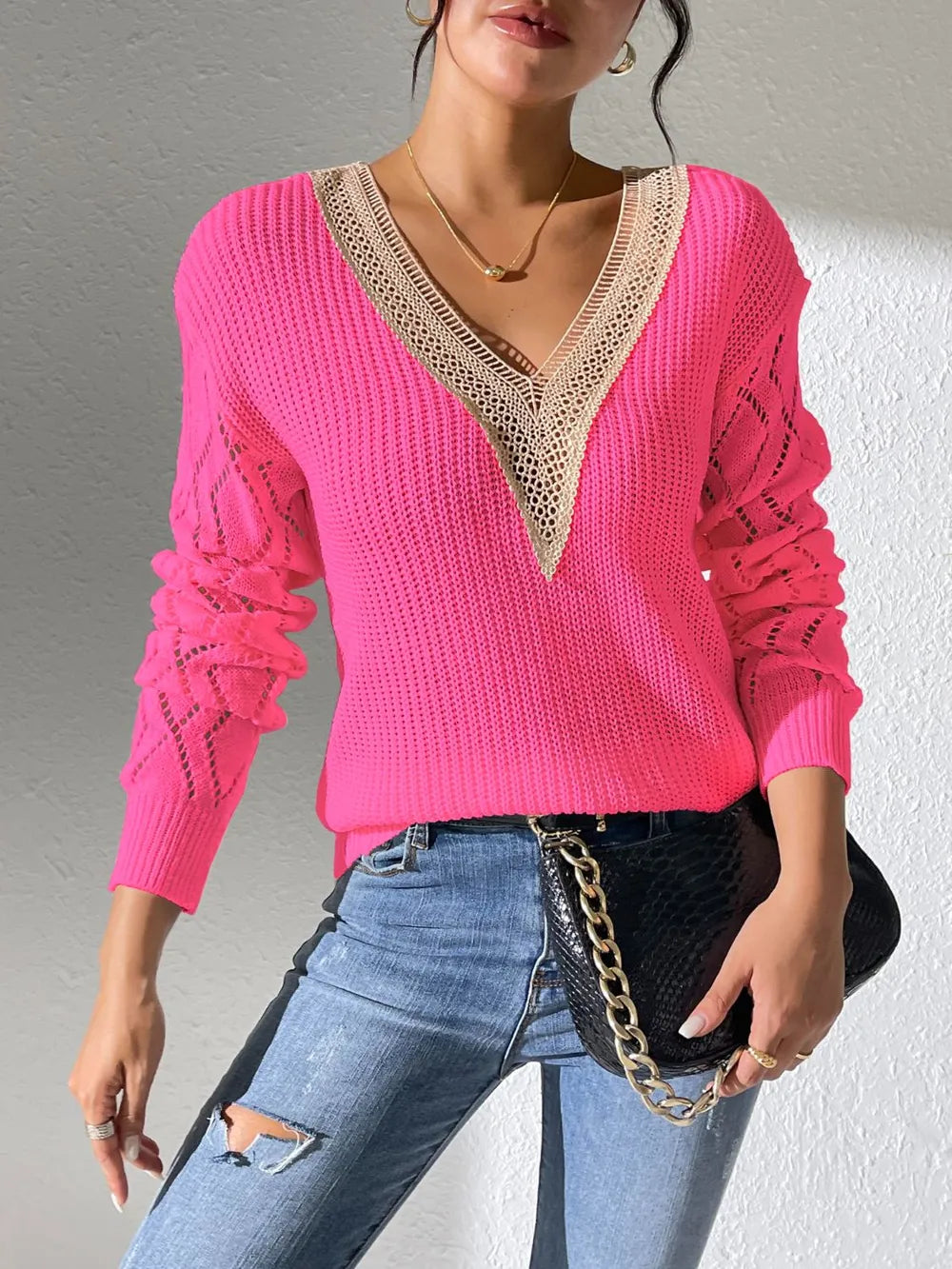 Openwork V-neck Long Sleeve Sweater (18)