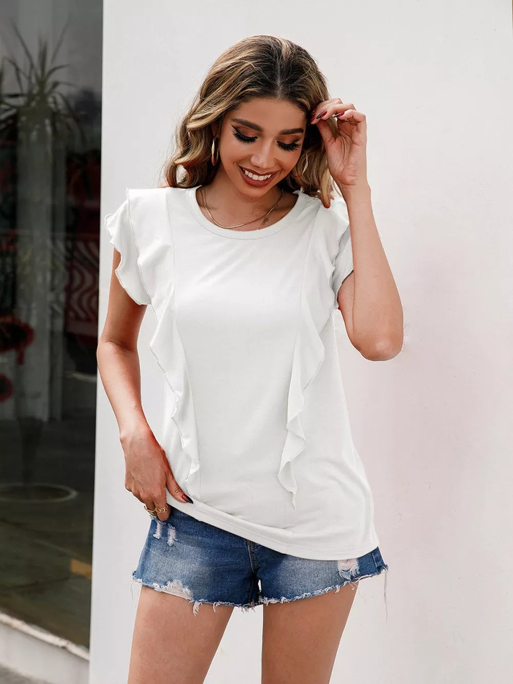 Ruffled Round Neck Cap Sleeve T-shirt (4)