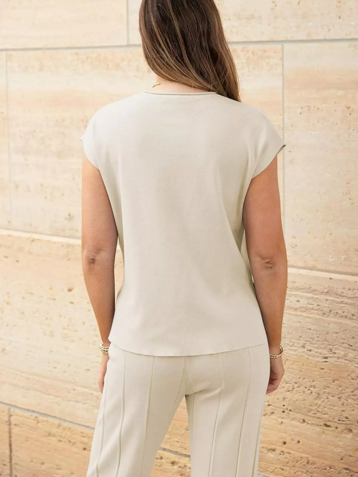 Casual Solid Color Cap Sleeve Top Pants Knit Set (3)
