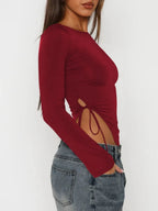 Tied Slit Round Neck Long Sleeve T-shirt (15)