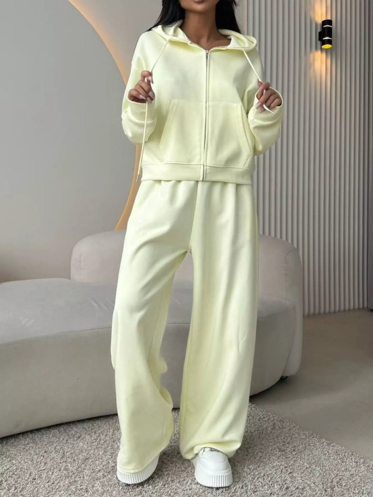 Zip-up Hoodie Wide-leg Pants Set (27)