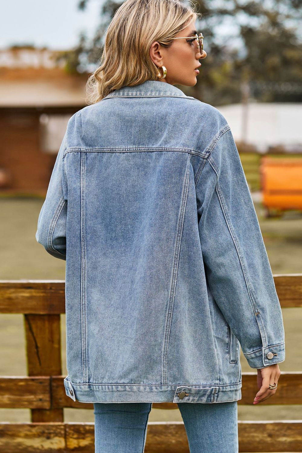 Buttoned Collared Neck Denim Jacket Pockets (2)