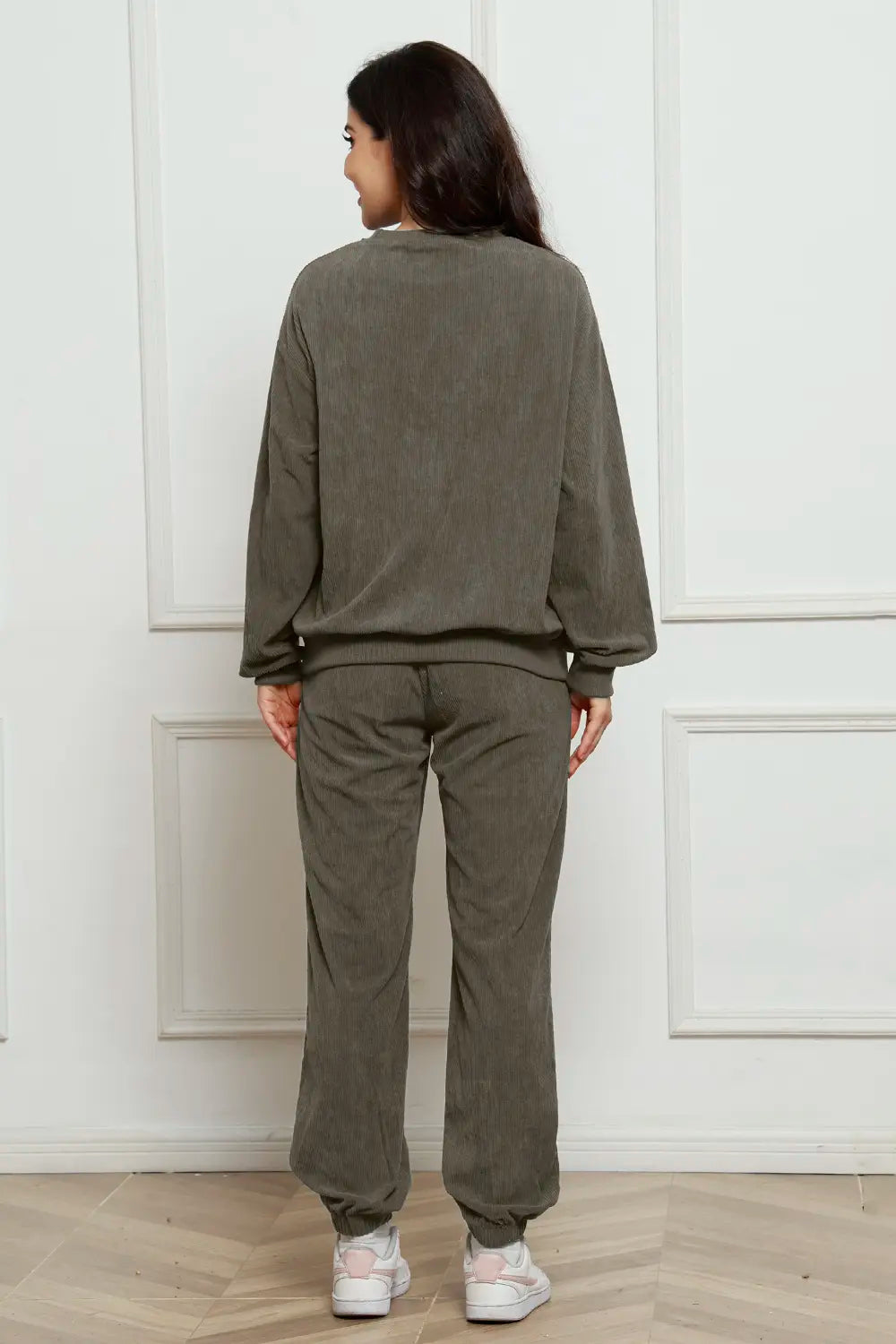 Corduroy Round Neck Sweatshirt Sweatpants Set (18)